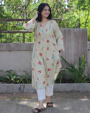 Floral Pleated V-neck Long kurta
