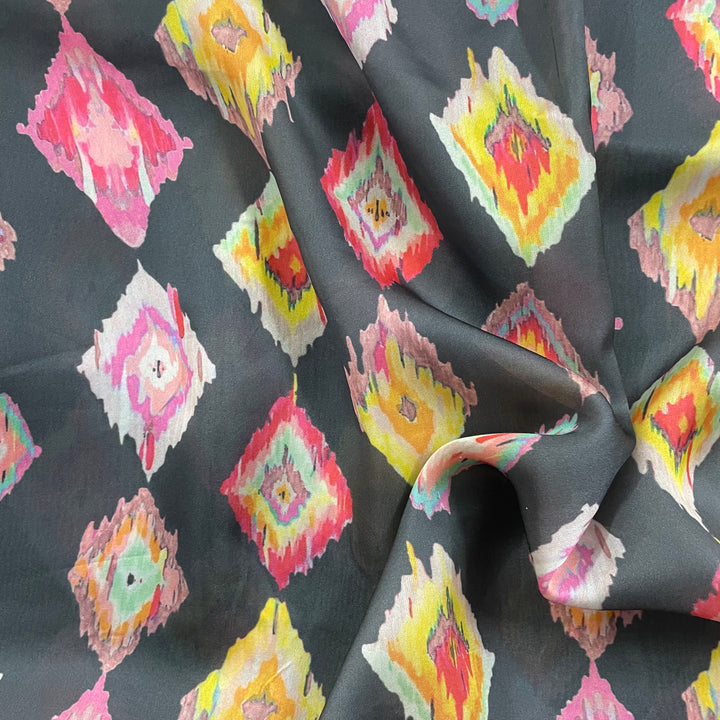 Ikkat contrast print on georgette satin fabric per meter