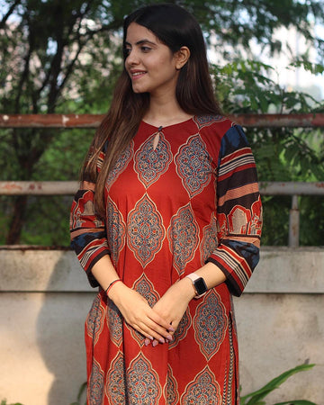 Royal Red Handblock Cotton Kurta