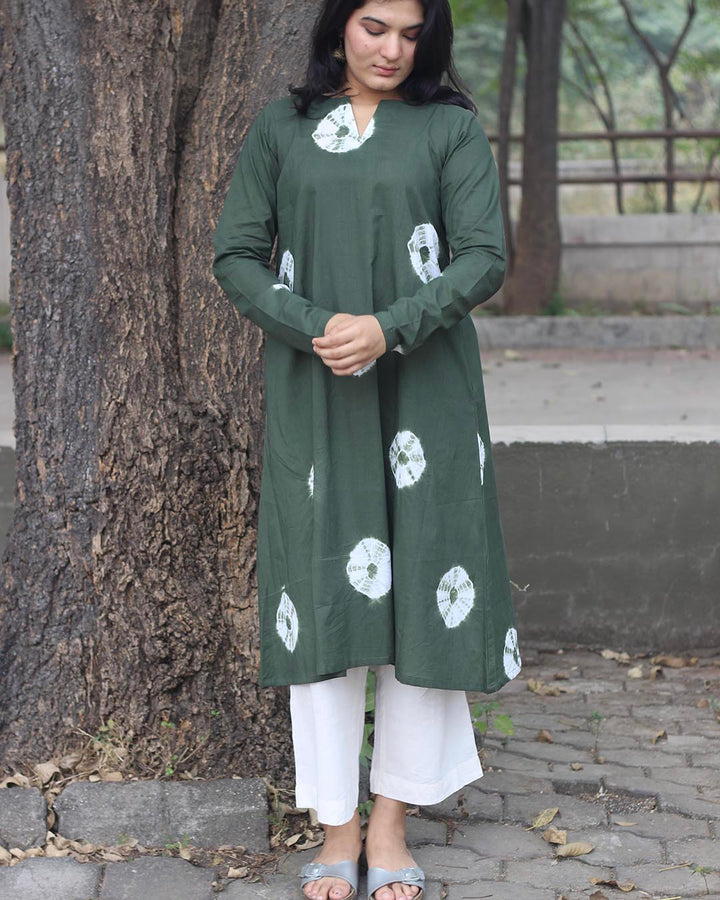 Tye-Dye Bandhani Pure Cotton Dark Green Kurta