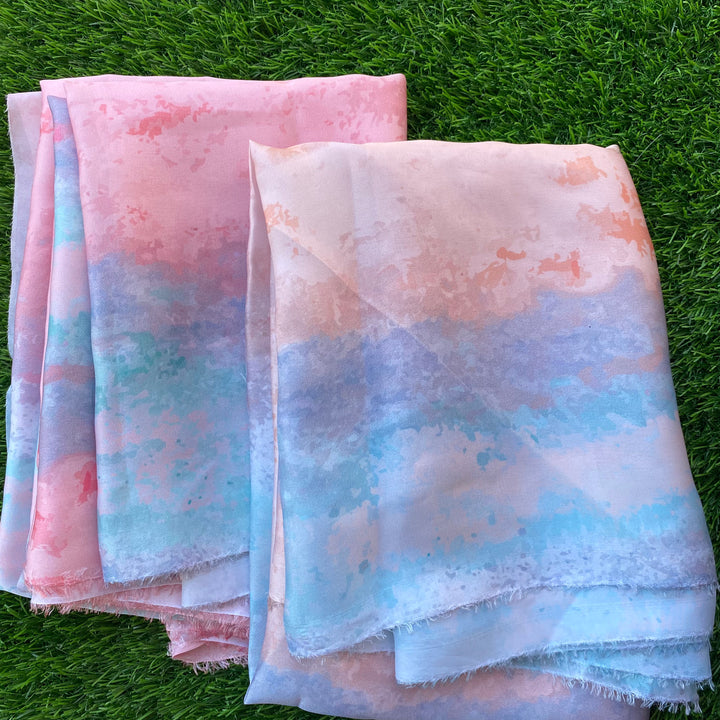 Water color multi shaded Tye & Dye print on Georgette Satin fabric per meter
