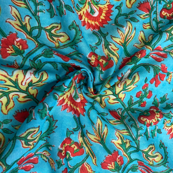 Kalamkari print on Blue Soft cotton fabric per meter