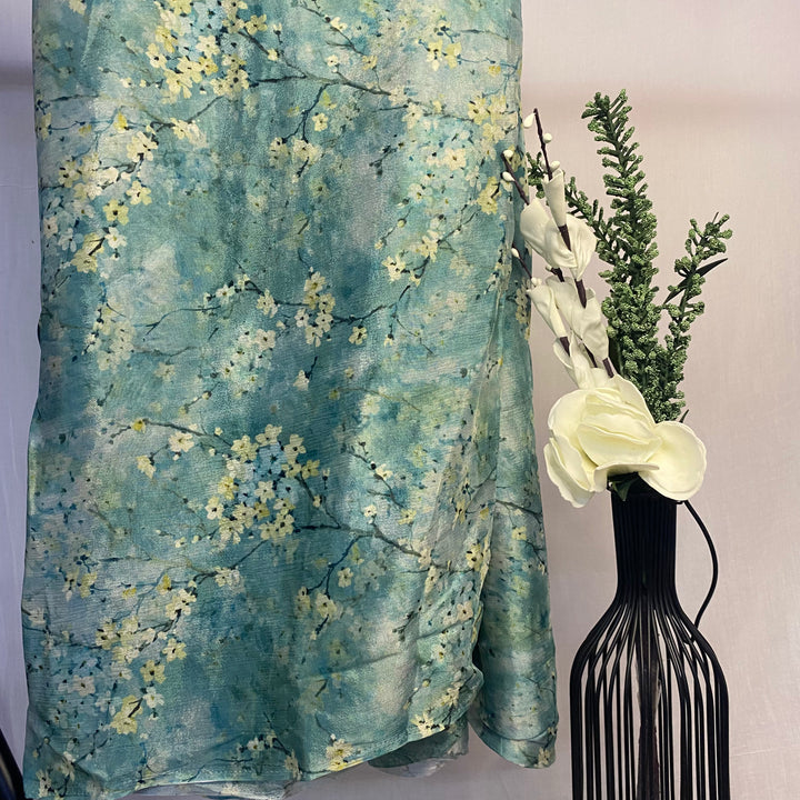 All over aesthetic floral print on Chinon chiffon Per meter (blue )