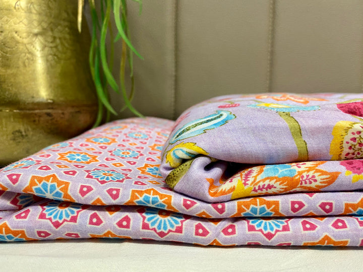 Lavender floral print top and block printed bottom Mix-Match set per meter price