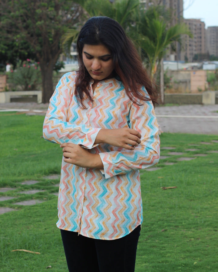 Cotton linen multi-shade zig zag tunic - indiefabstore