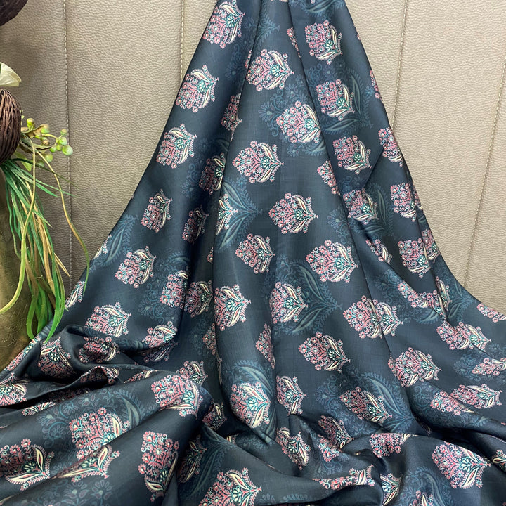 Intricate dark floral print on breathable and lustrous linen satin per meter - indiefabstore