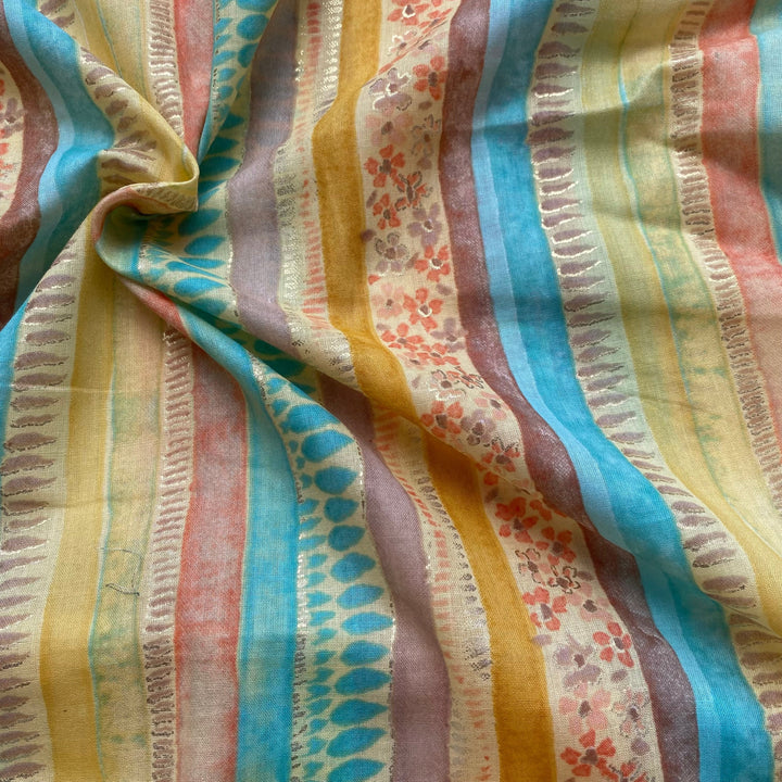 Multiprint stripes on yellow pure mul cotton fabric with foil per meter - indiefabstore