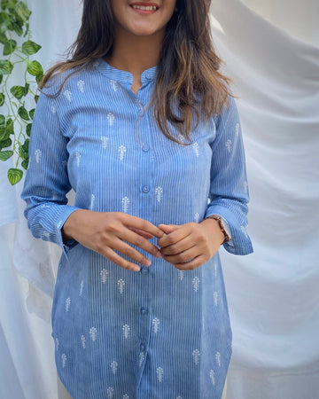 Grey Stripes Cotton Linen Tunic with White Bootis, Full Sleeves, and Chinese neck
