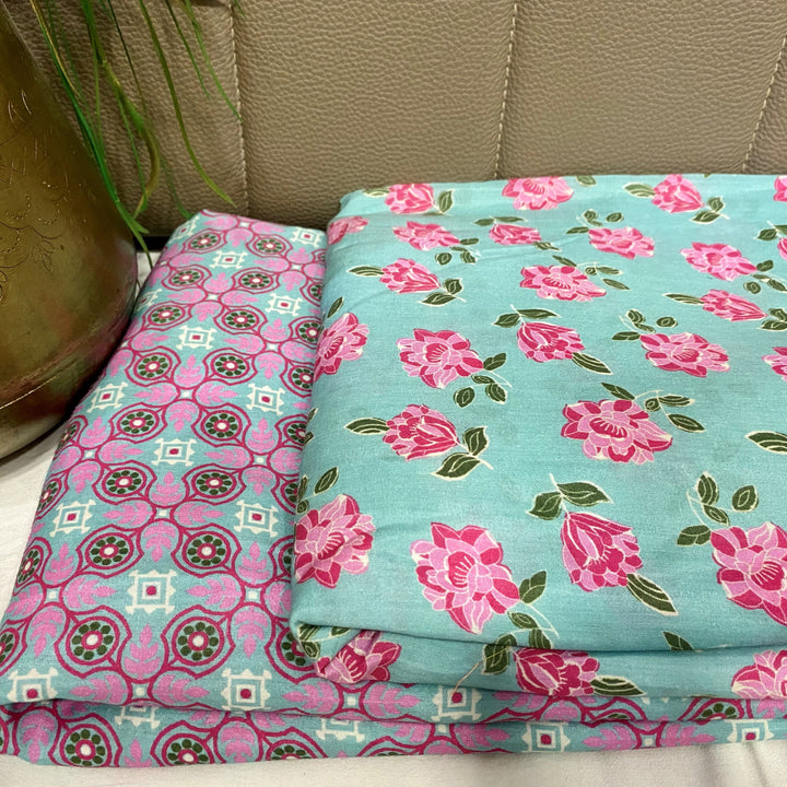 Top and bottom basic floral print on pure muslin fabric - Sky blue & Pink, per meter price - indiefabstore