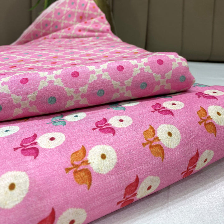 Top And Bottom Fuschia Colored Printed Super Cotton Fabric With Booti And Circular print per meter price - indiefabstore