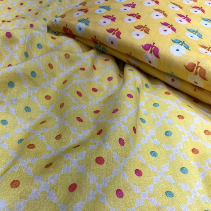 Top And Bottom Yellow Colored Printed Super Cotton Fabric With Booti And Circular Print per meter price - indiefabstore
