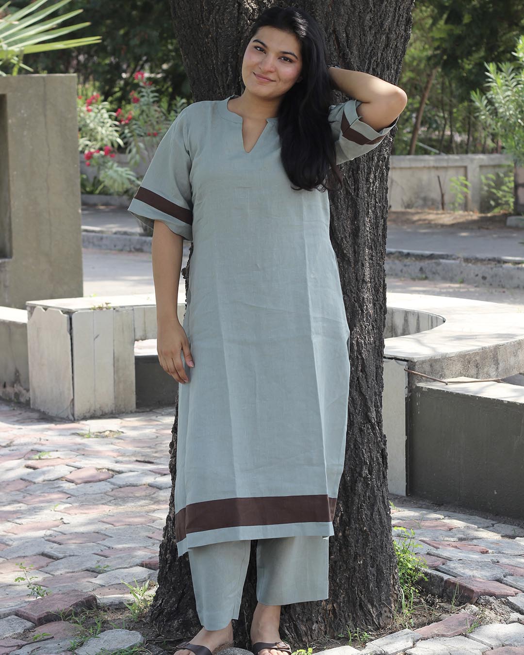 Coffee Stripe Premium Linen Kurta set
