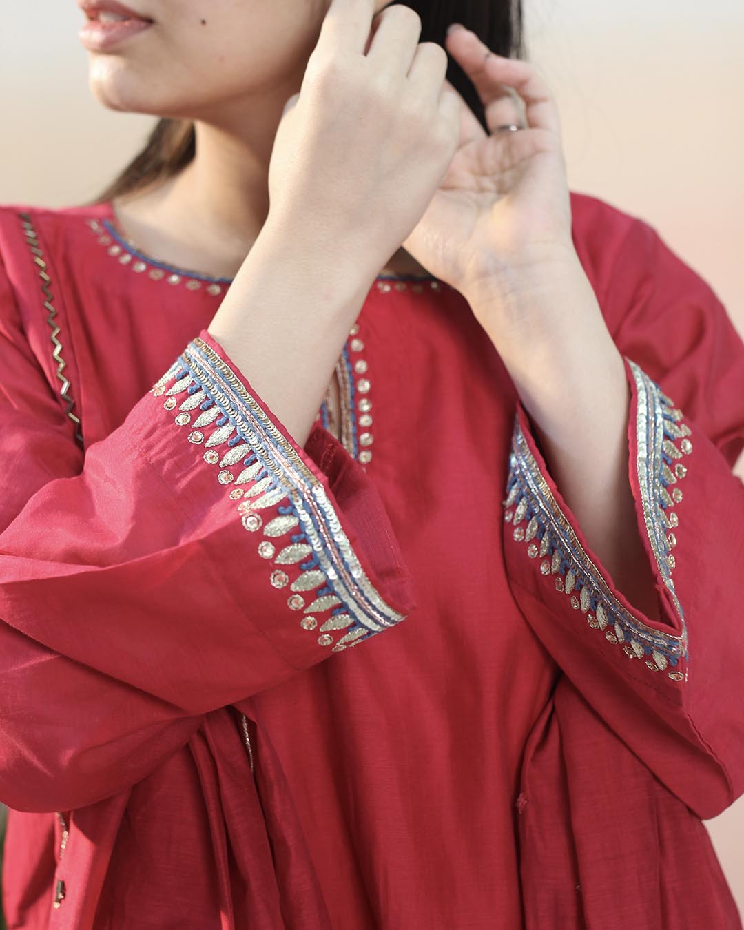 Pink Red Mul Chanderi Suit set - Set of 3