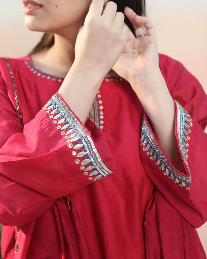 Pink Red Mul Chanderi Suit set - Set of 3