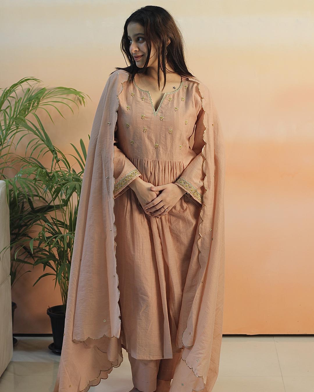 Peach Pink Mul Chanderi Suit set- Set of 3