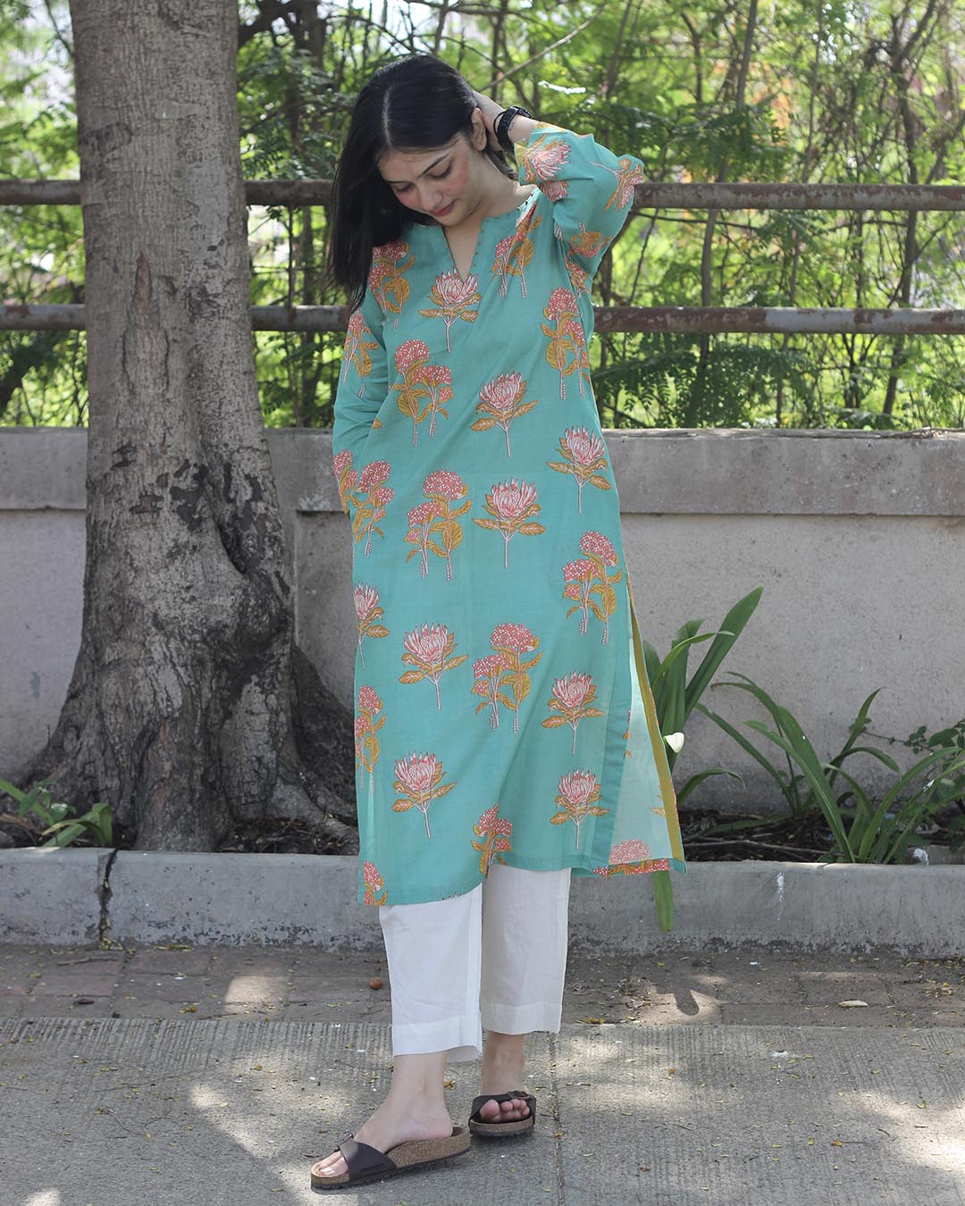 Pastel Mint Printed Cotton kurta with Handwork detail