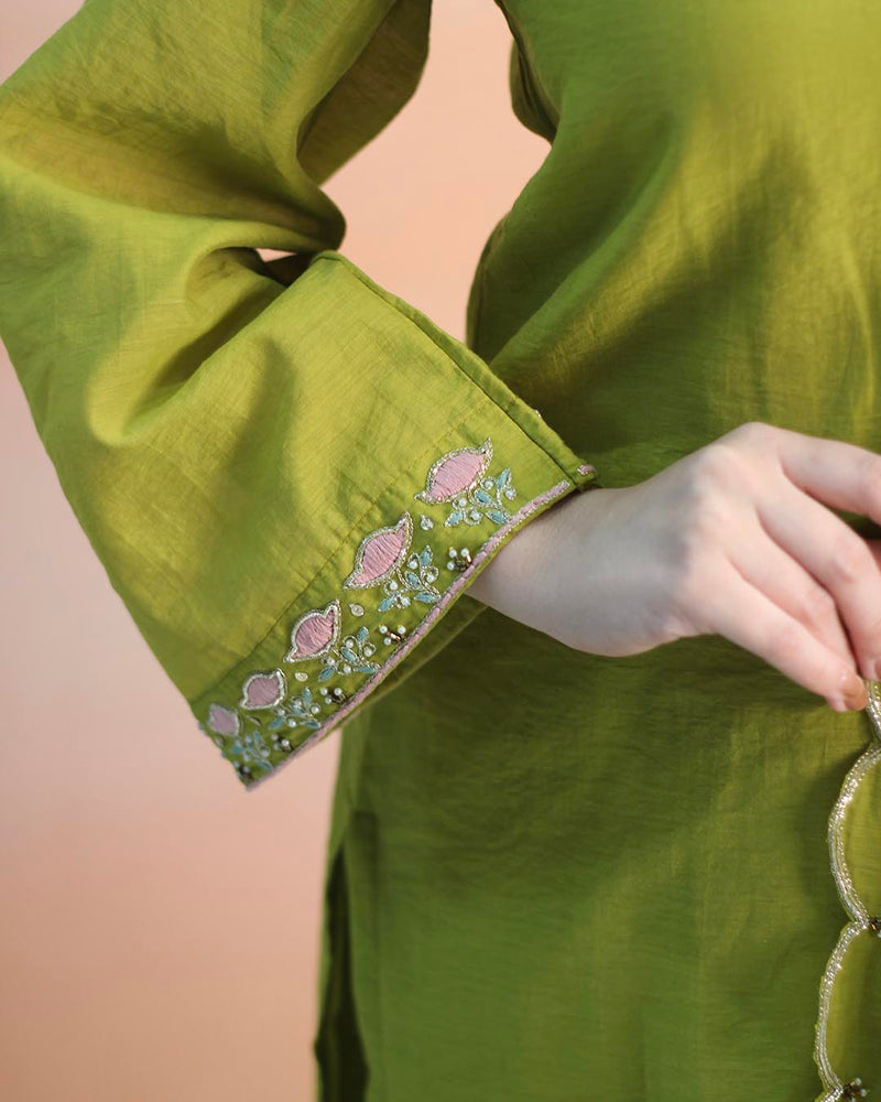 Pear Green Mul Chanderi Suit Set- Set of 3