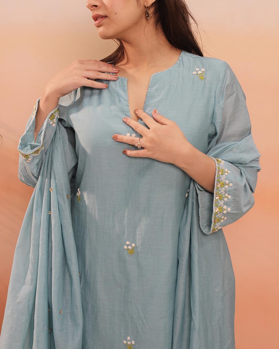 Sky blue Mul Chanderi Suit Set- Set of 3