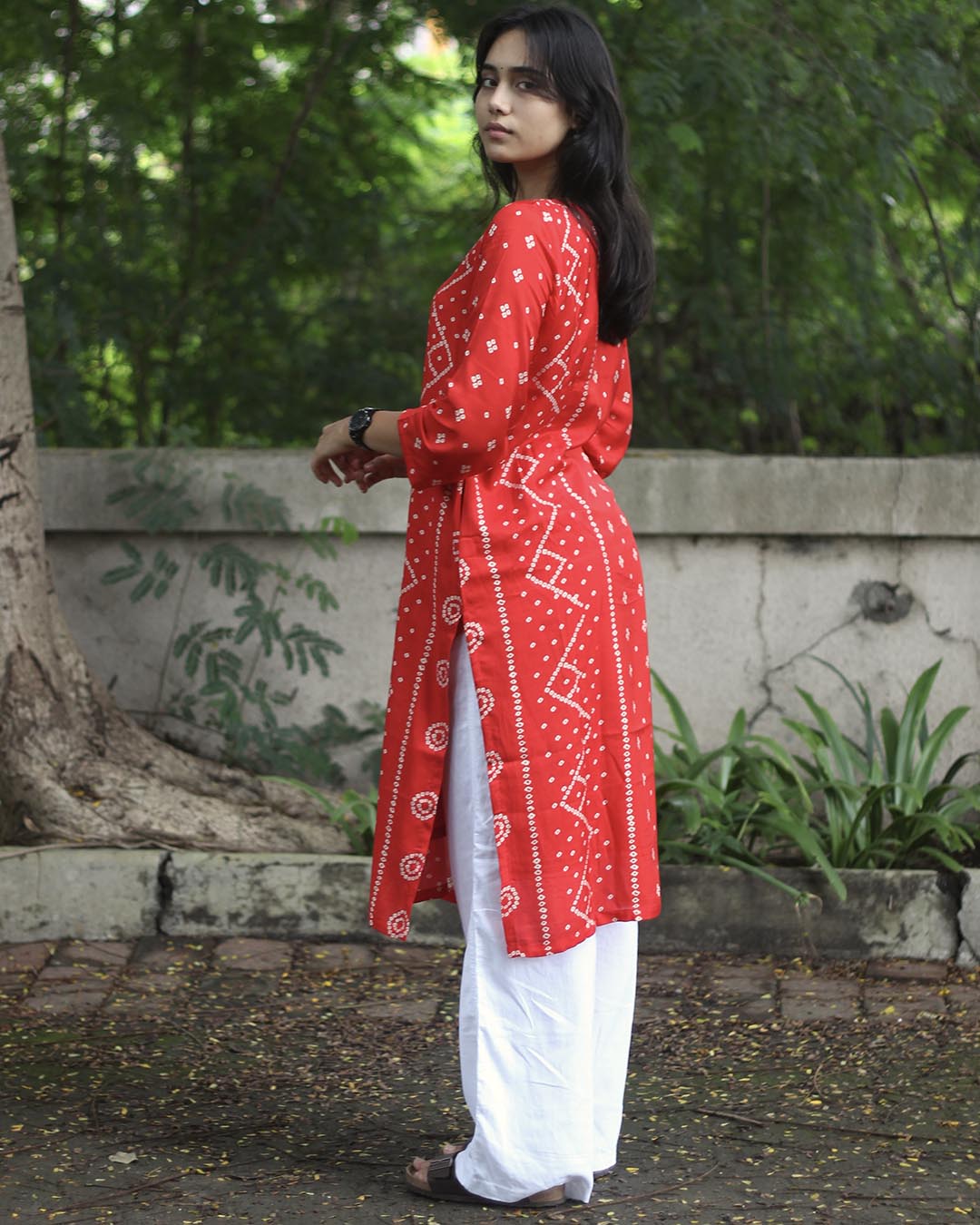 Red Printed Bandhani Kurta - with Lining
