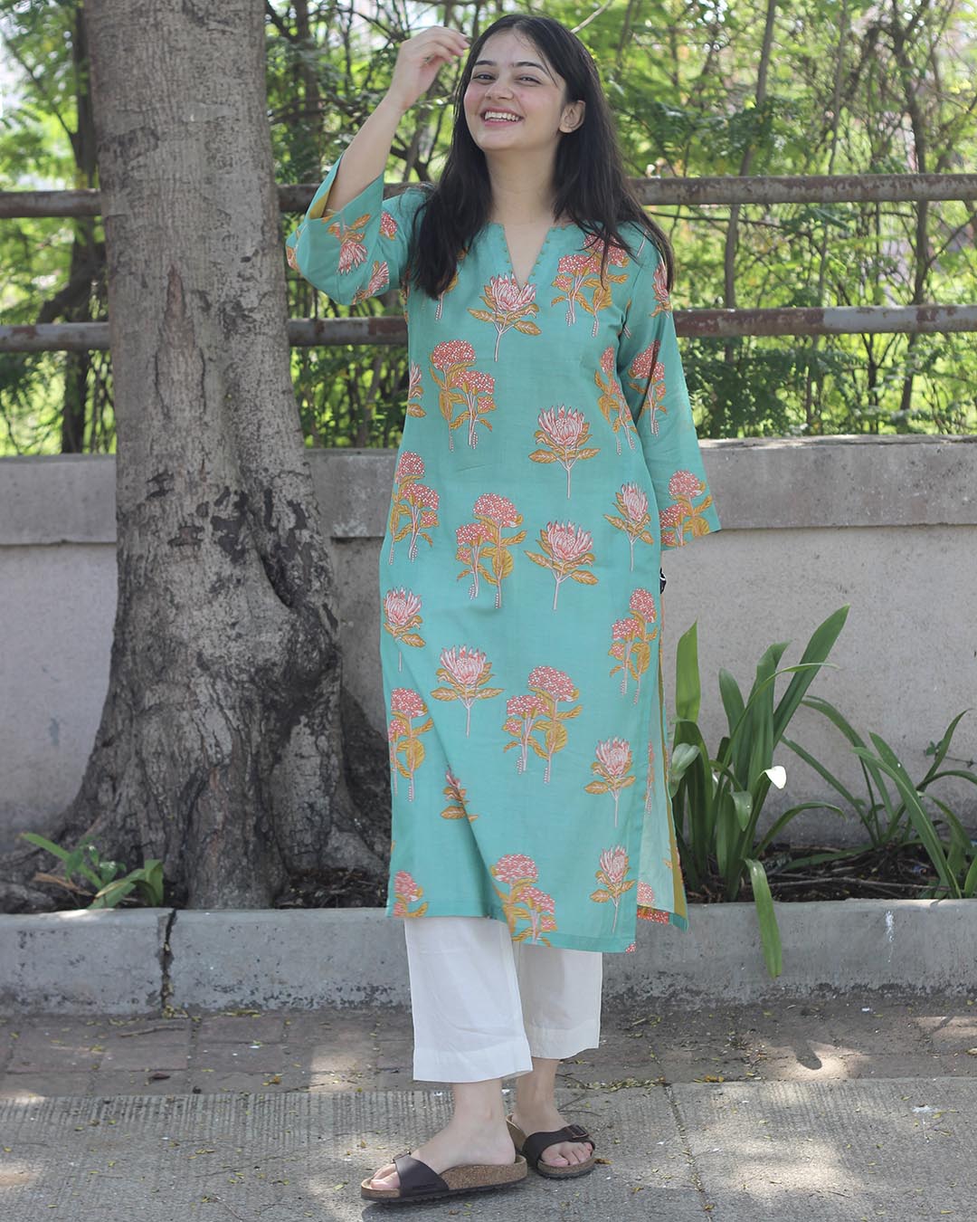 Pastel Mint Printed Cotton kurta with Handwork detail