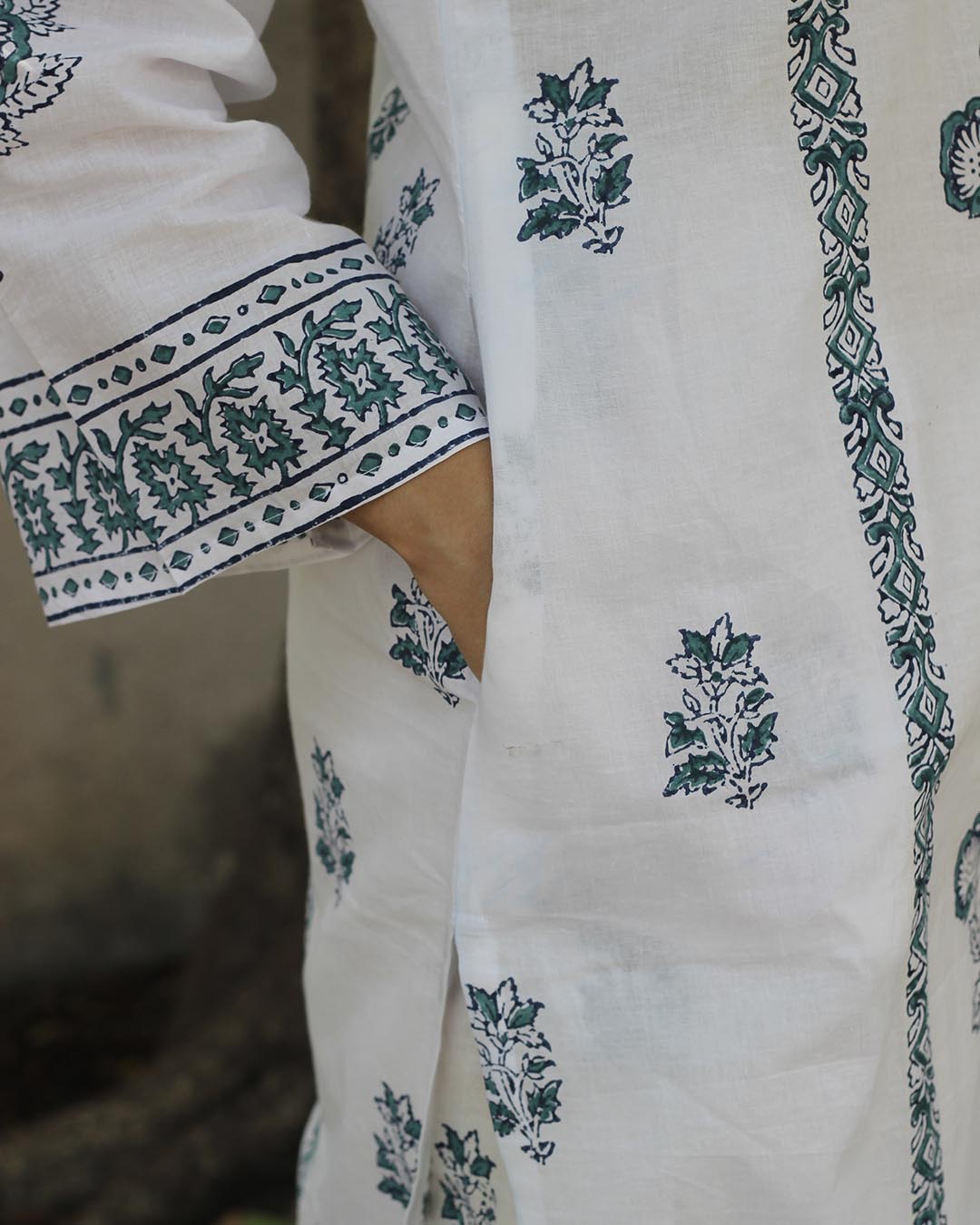 Handblock printed Green contrast kurta set