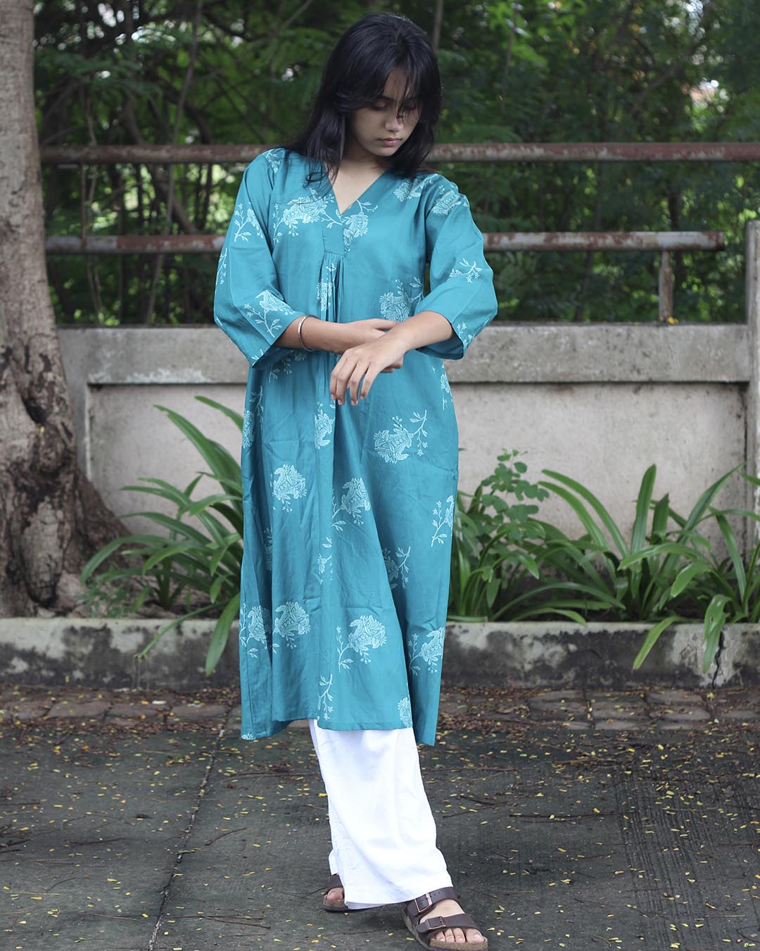 Teal Printed Long Kurta in Pure Cotton
