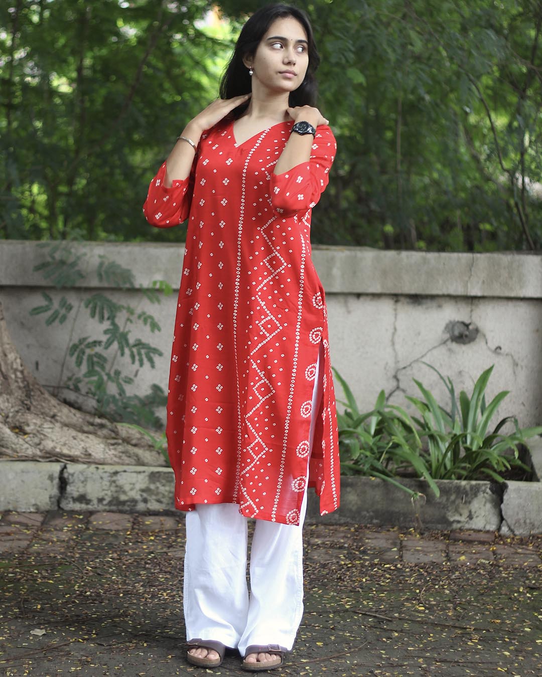 Red Printed Bandhani Kurta - with Lining