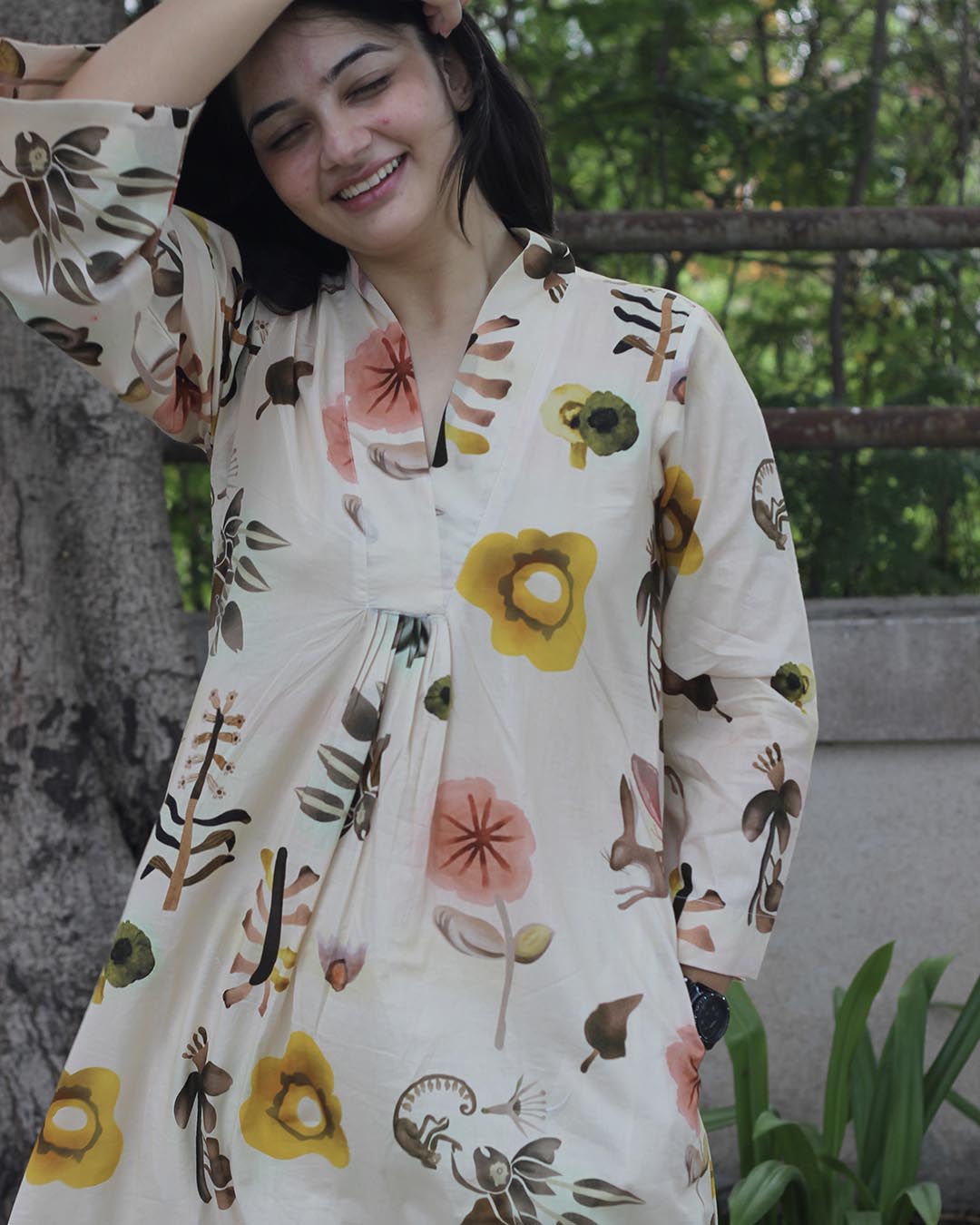 Floral printed Skin shade Premium cotton kurta