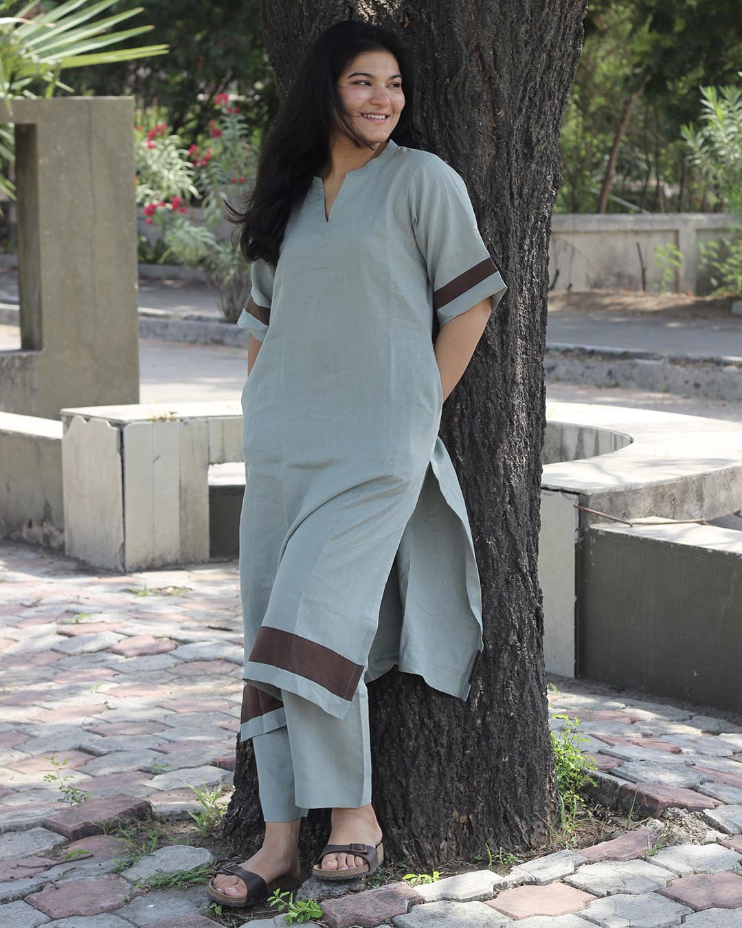 Coffee Stripe Premium Linen Kurta set