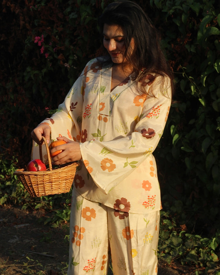 Lightweight yellow muslin set with botanical prints