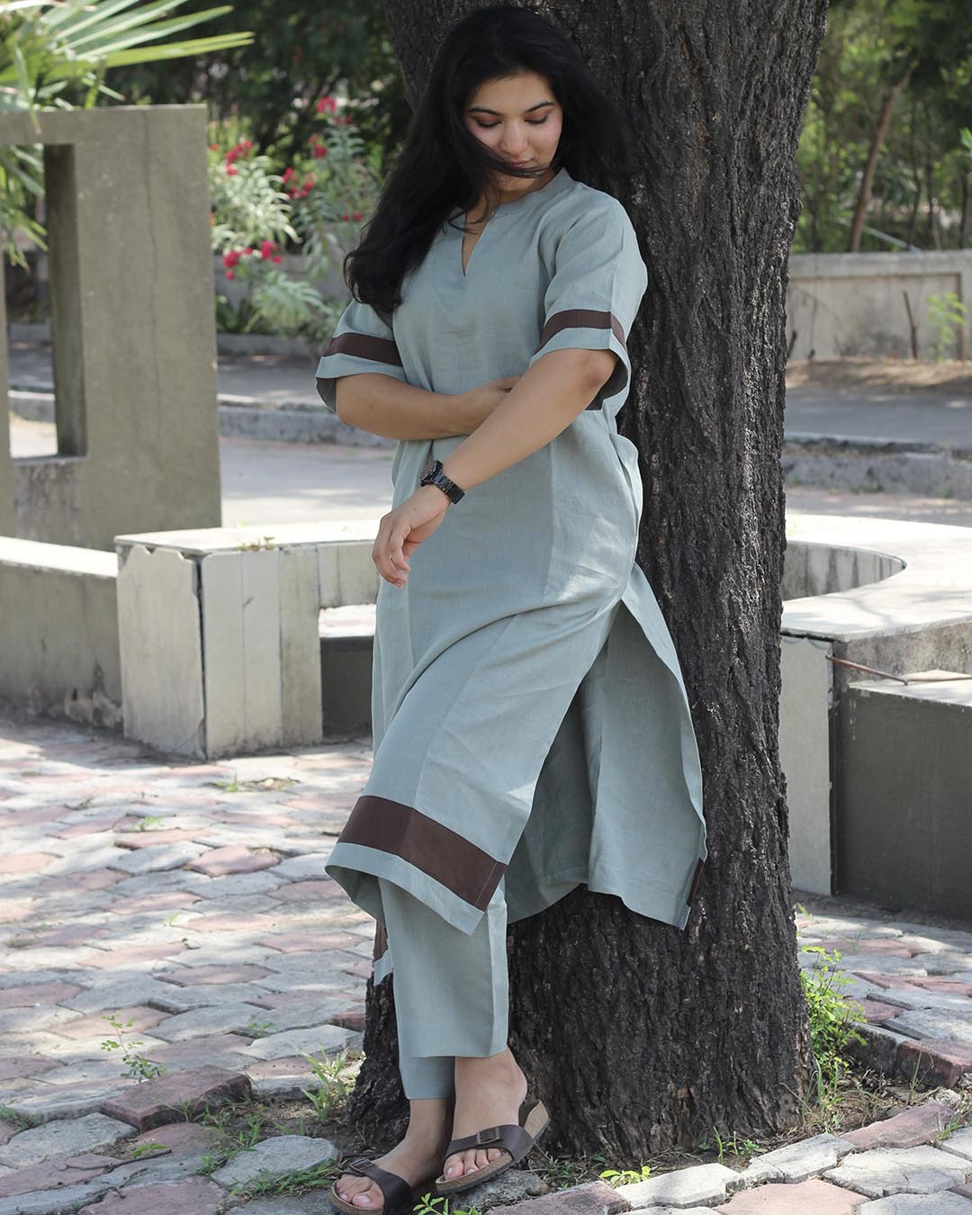 Coffee Stripe Premium Linen Kurta set