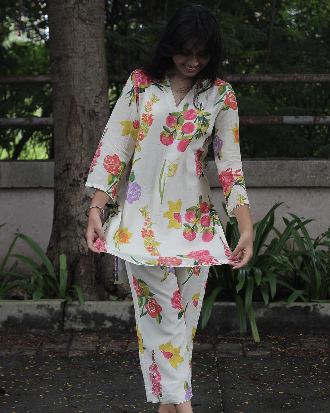 Printed Mul Chanderi Floral Co-ord Set - set of 2