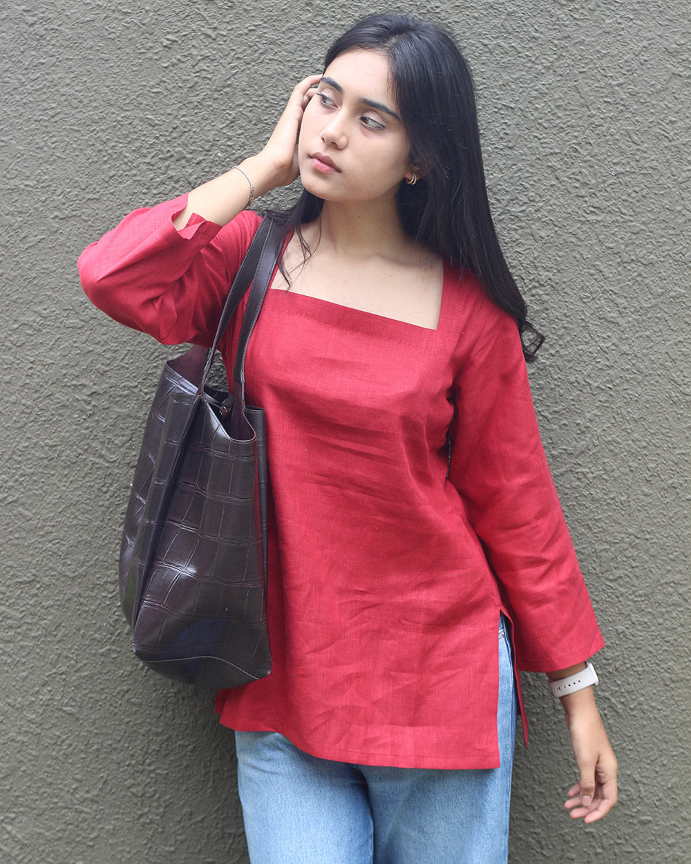 Heart Red Linen Short Kurta