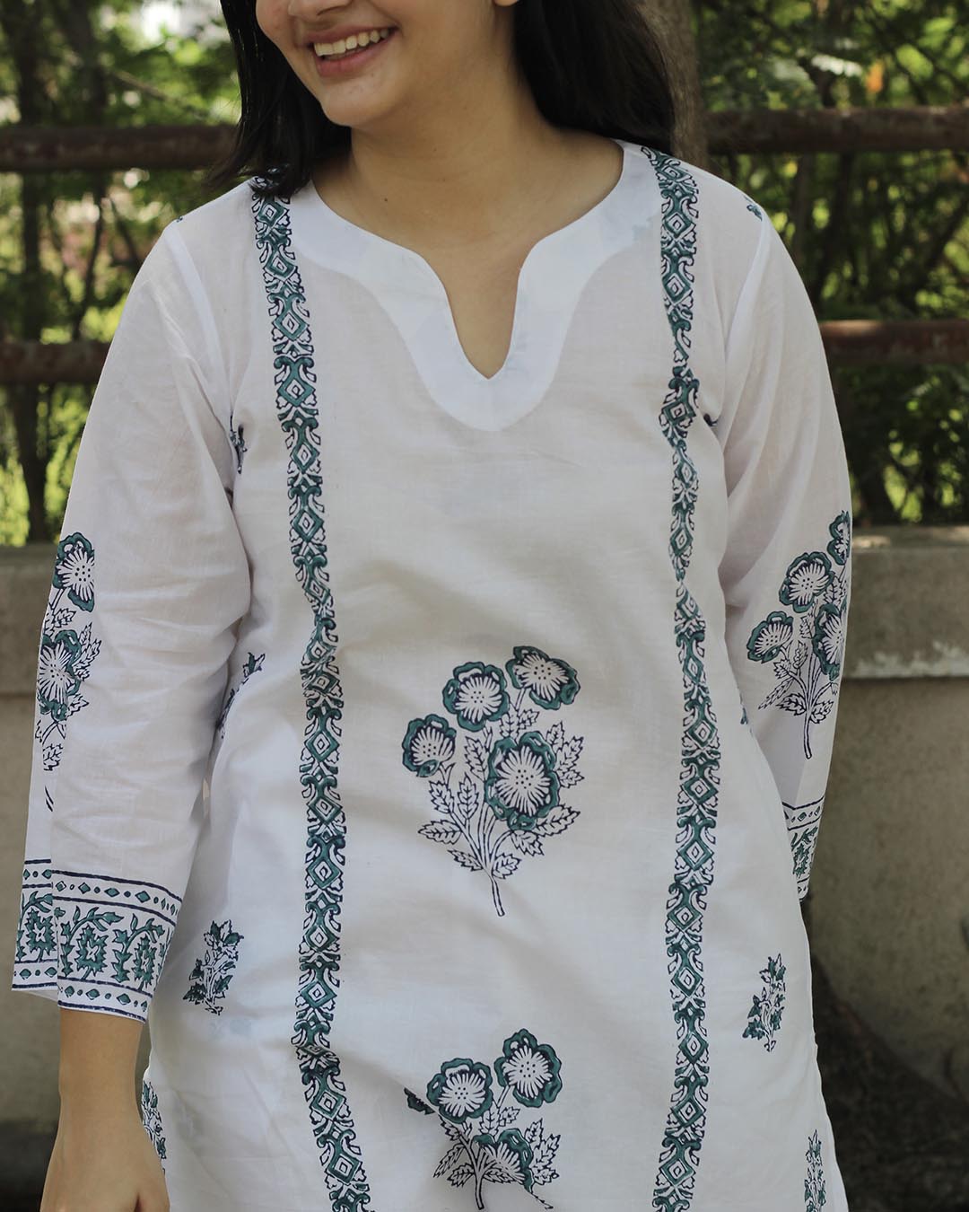 Handblock printed Green contrast kurta set