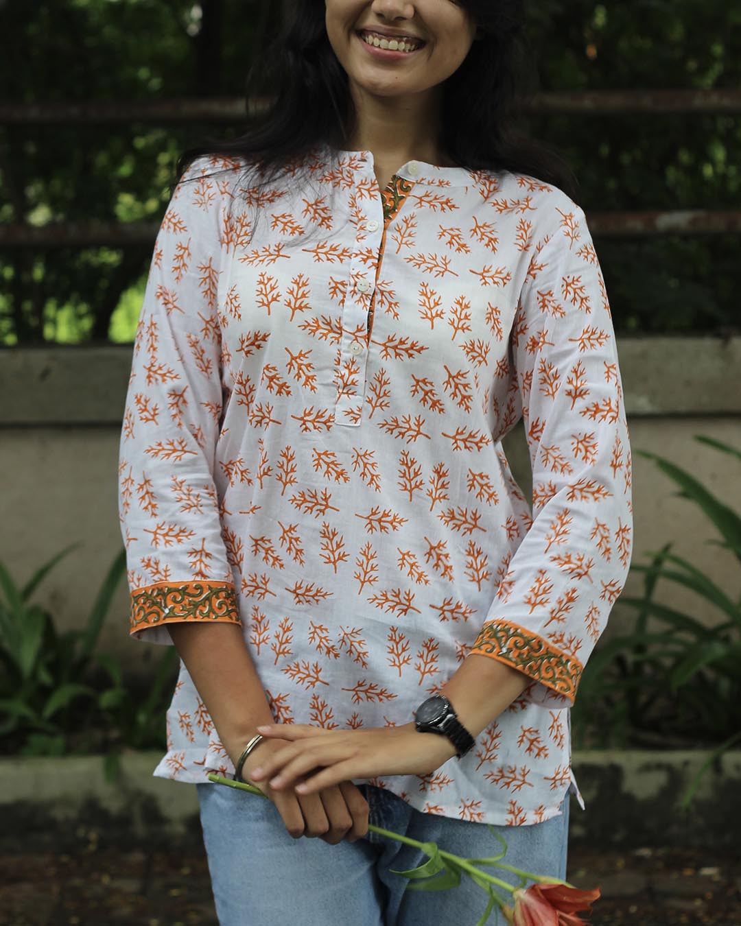 Handblock Printed Branch White Short kurta