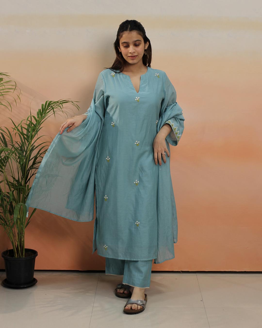 Sky blue Mul Chanderi Suit Set- Set of 3