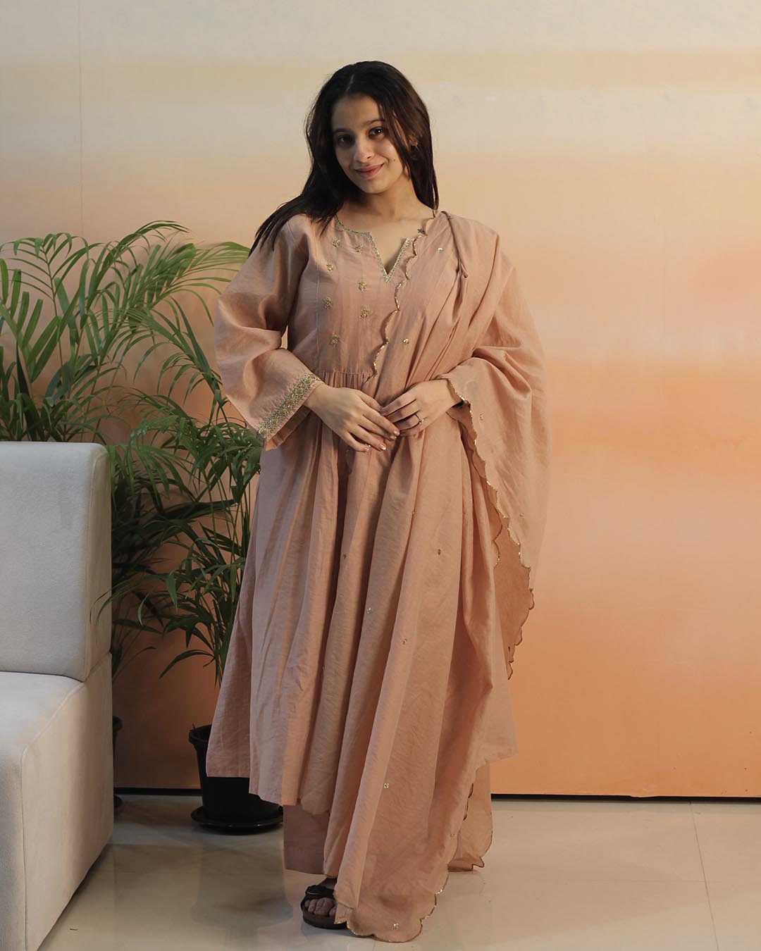 Peach Pink Mul Chanderi Suit set- Set of 3