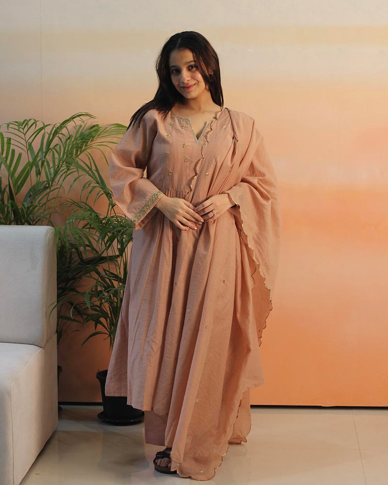 Peach Pink Mul Chanderi Suit set- Set of 3