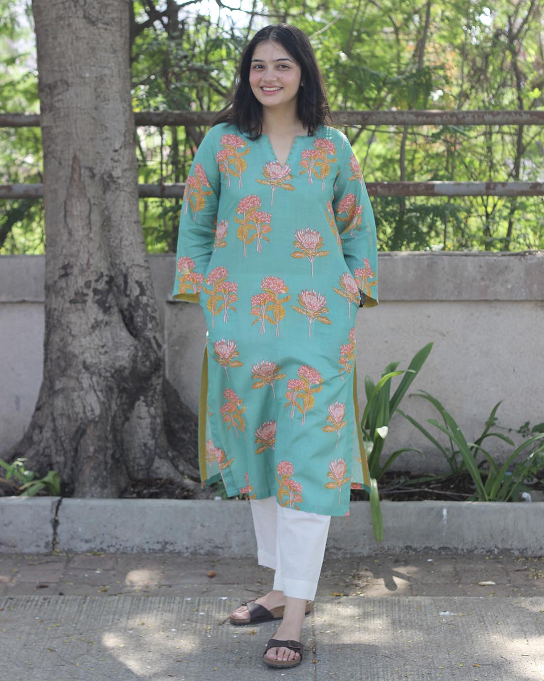 Pastel Mint Printed Cotton kurta with Handwork detail