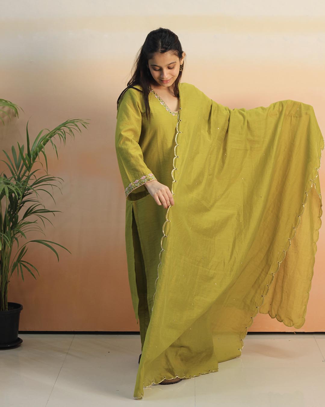 Pear Green Mul Chanderi Suit Set- Set of 3