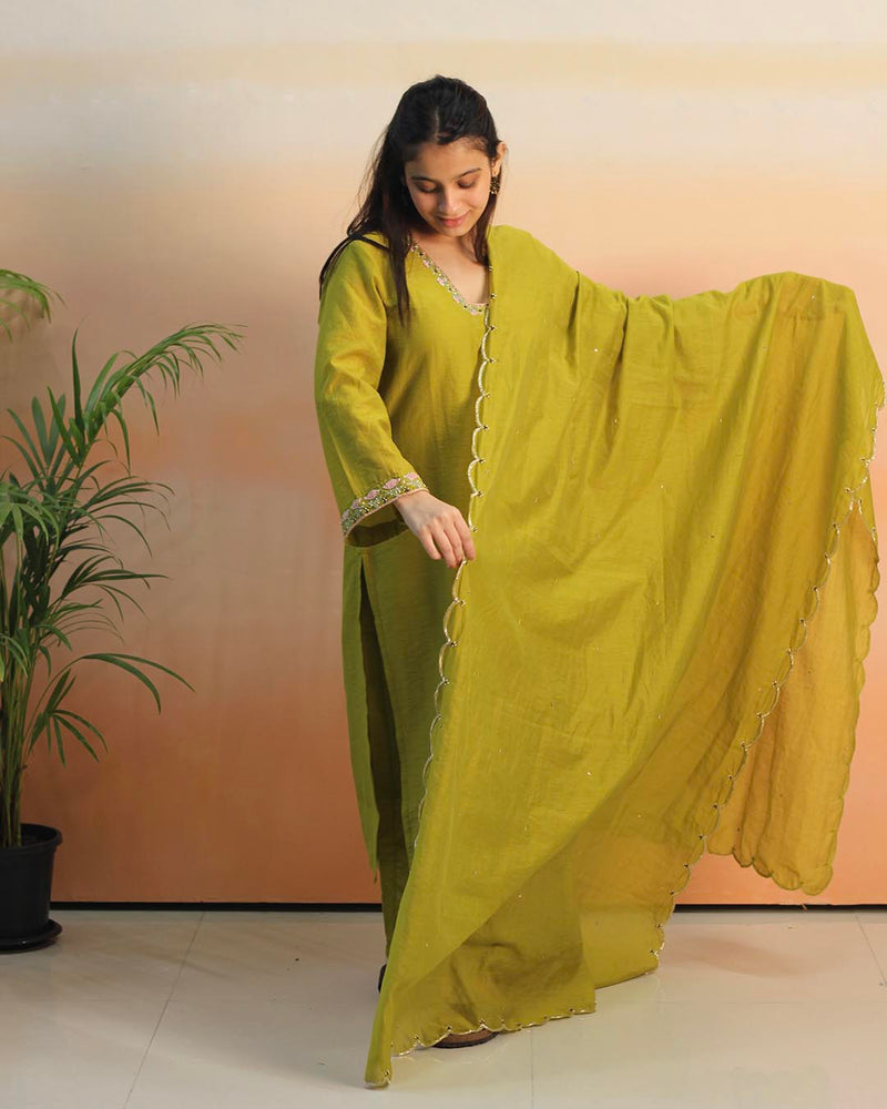 Pear Green Mul Chanderi Suit Set- Set of 3