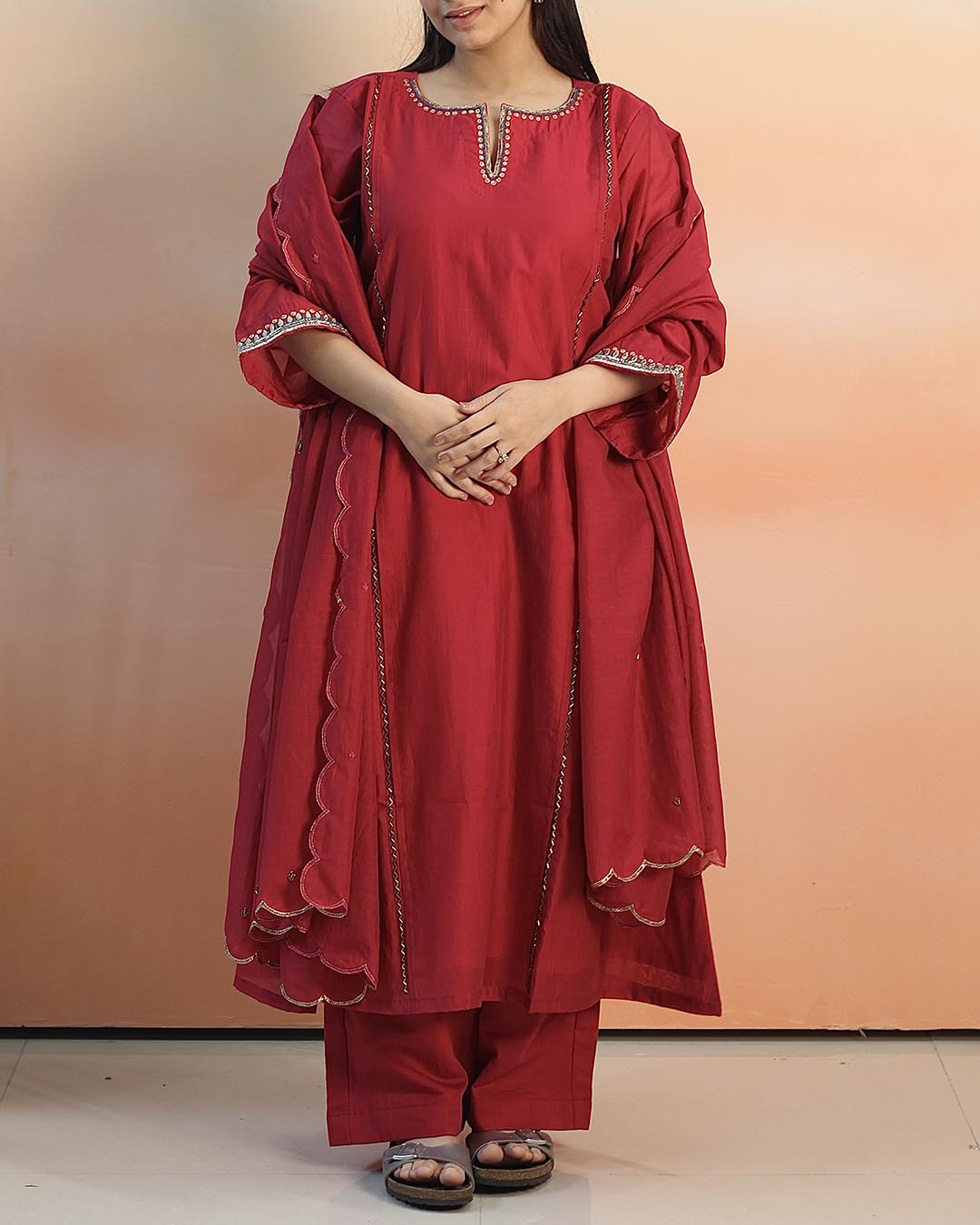 Pink Red Mul Chanderi Suit set - Set of 3
