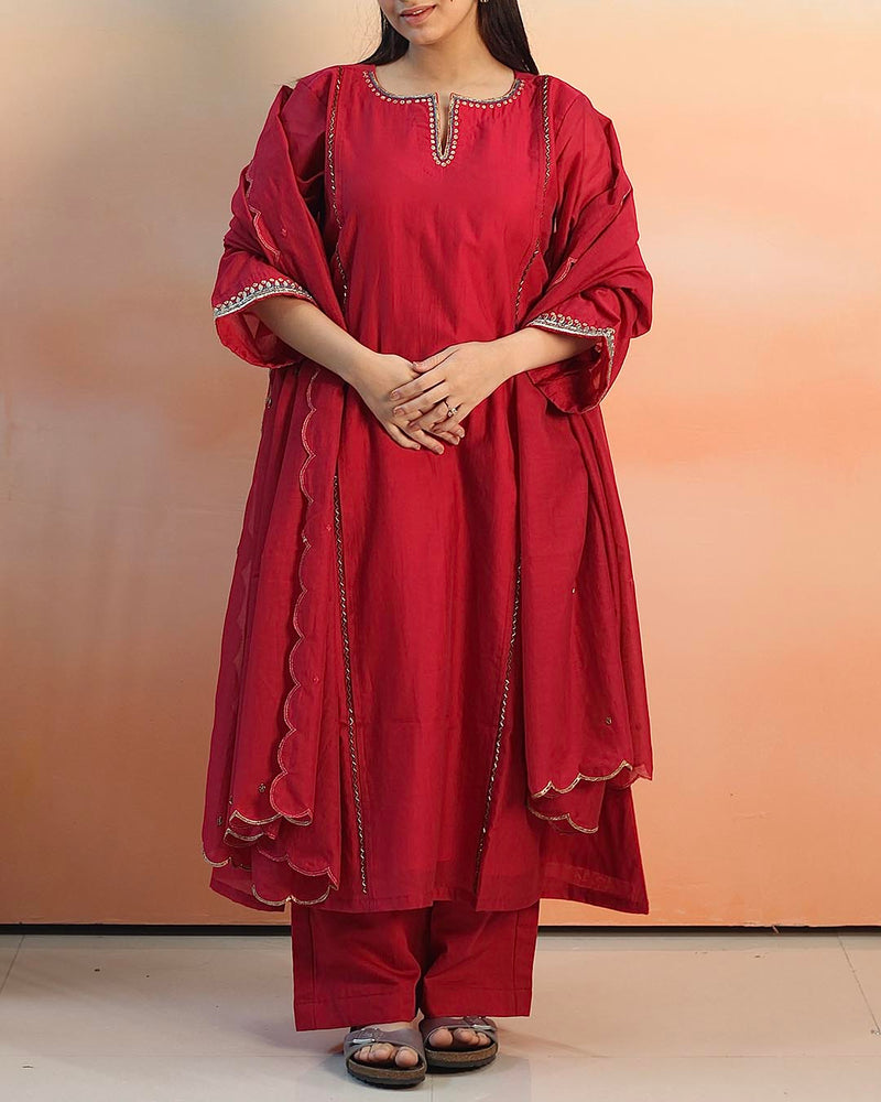 Pink Red Mul Chanderi Suit set - Set of 3