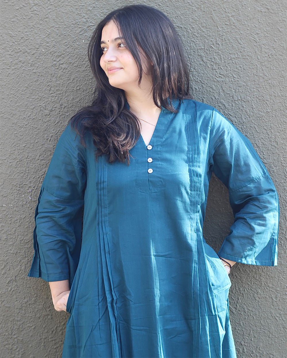 Teal Blue Pleated Cotton Kurta Set- Set of 2