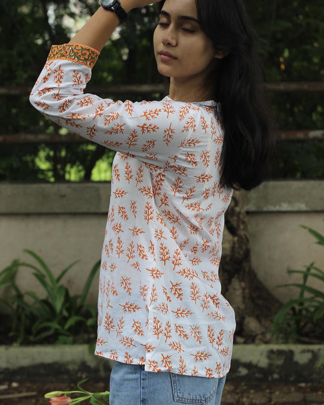 Handblock Printed Branch White Short kurta