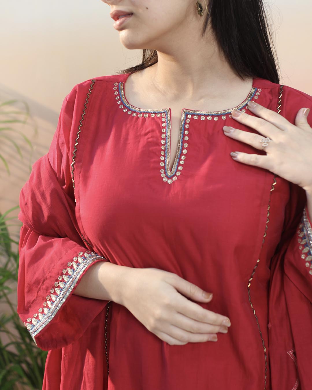 Pink Red Mul Chanderi Suit set - Set of 3