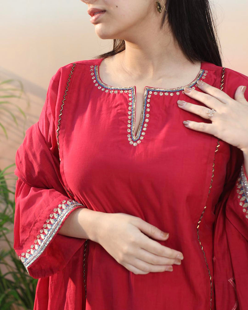 Pink Red Mul Chanderi Suit set - Set of 3