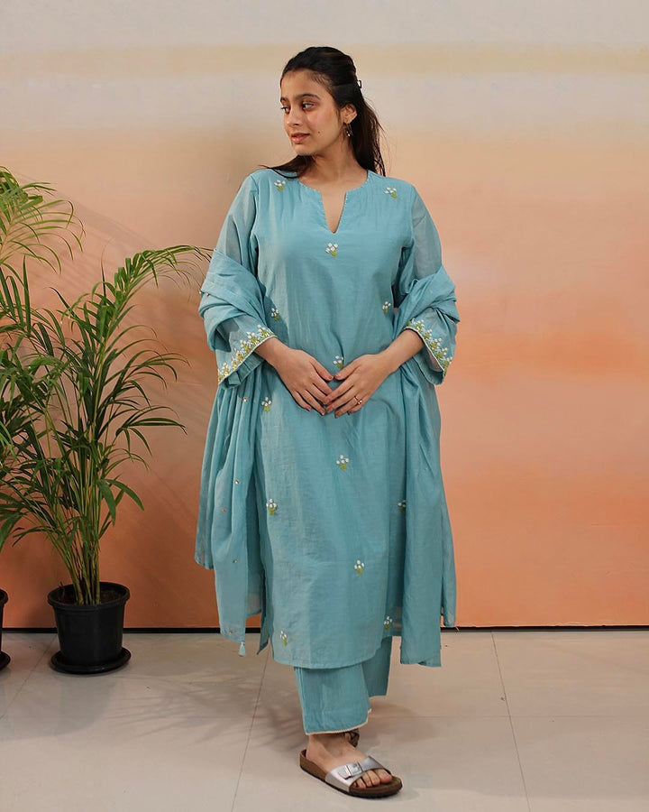 Sky blue Mul Chanderi Suit Set- Set of 3