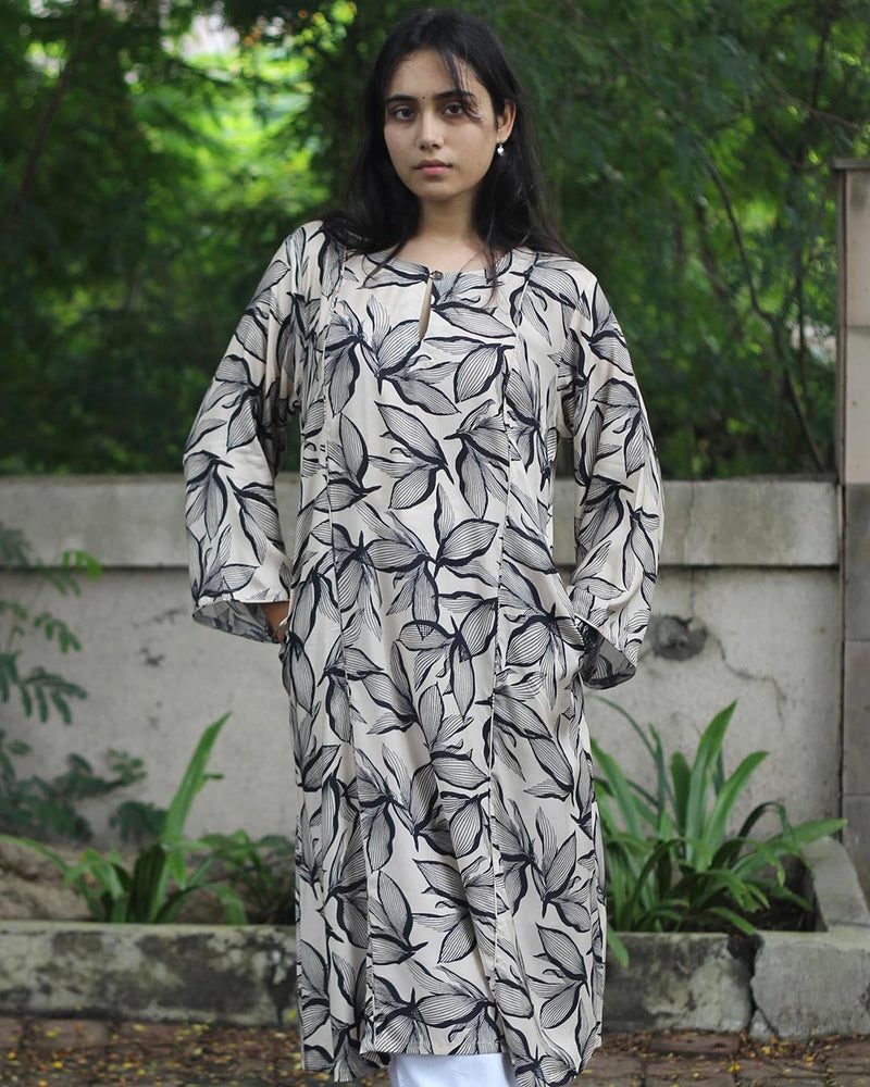 Black-White contrast floral Kurta in Pure Cotton