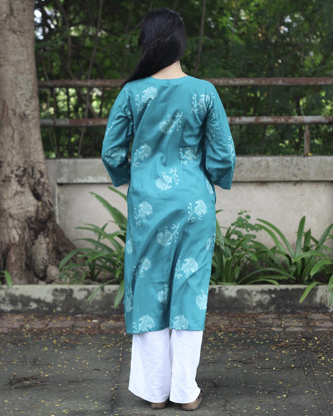 Teal Printed Long Kurta in Pure Cotton